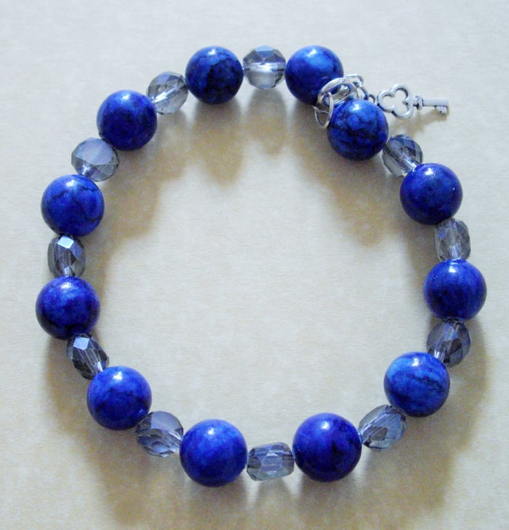Blue Gemstone and Crystal Bead Bracelet - UK Free Post