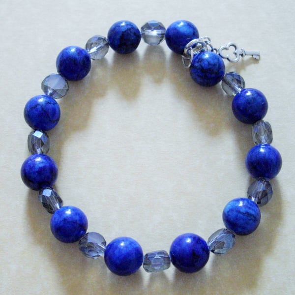 Blue Gemstone and Crystal Bead Bracelet - UK Free Post