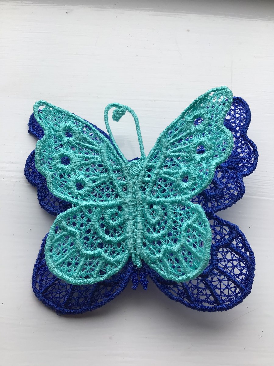 Butterfly lace brooch, blue.turquoise.