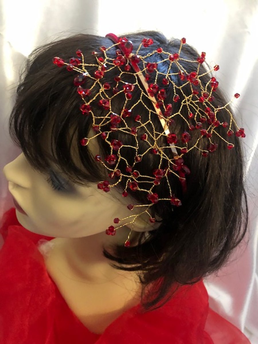 Kiara - Red Crystal & Gold Fascinator Headdress