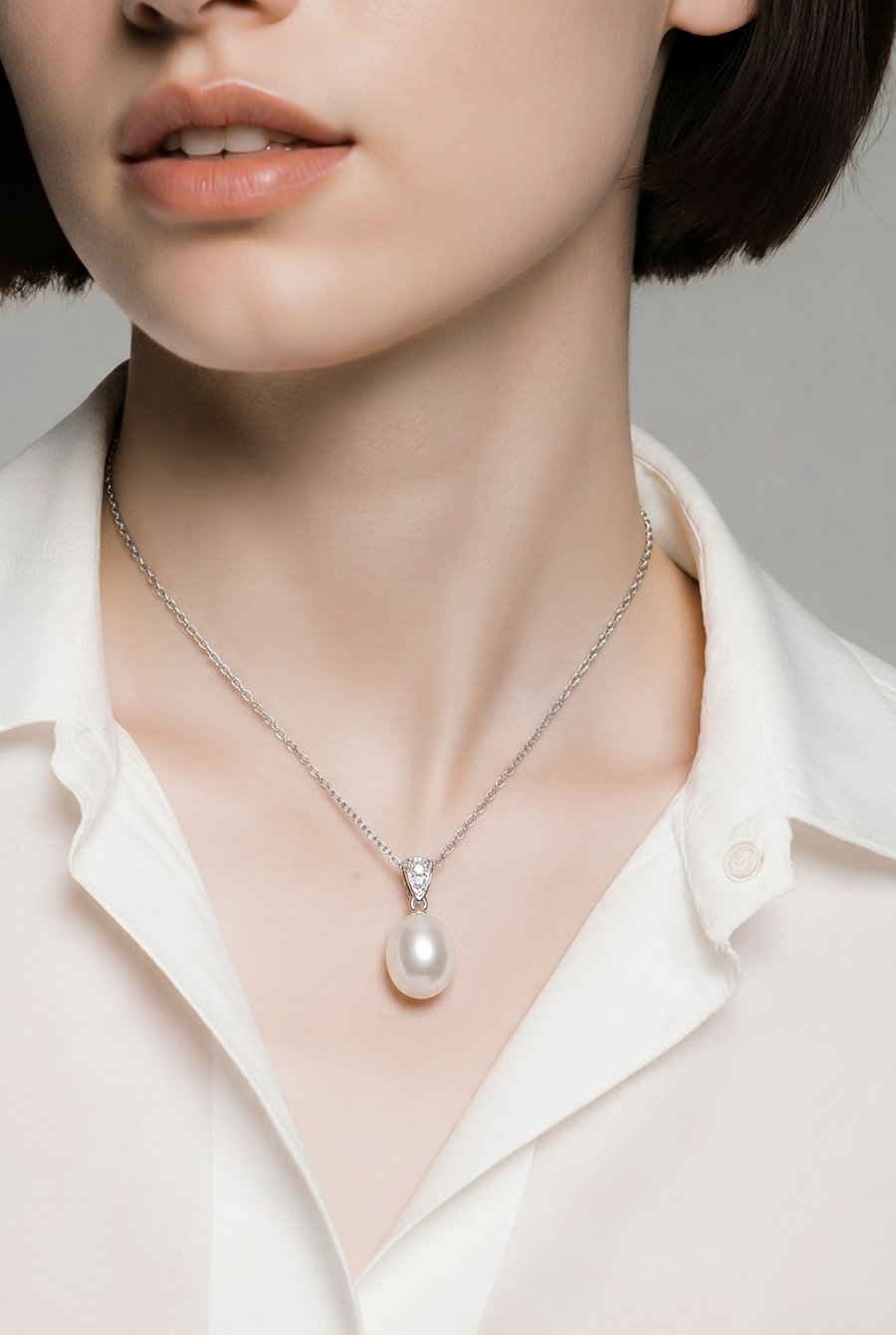 9mm Oval Freshwater Pearl & CZ Pendant Necklace Thoughtful Gift