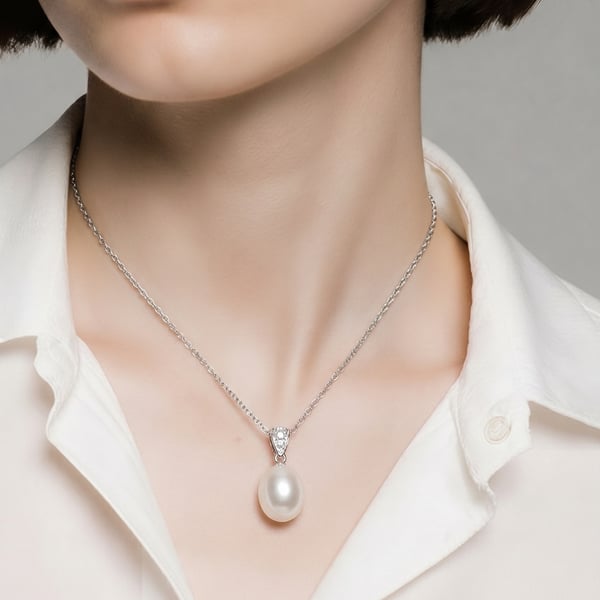 Oval Freshwater Pearl Pendant Necklace in Sterling Silver 