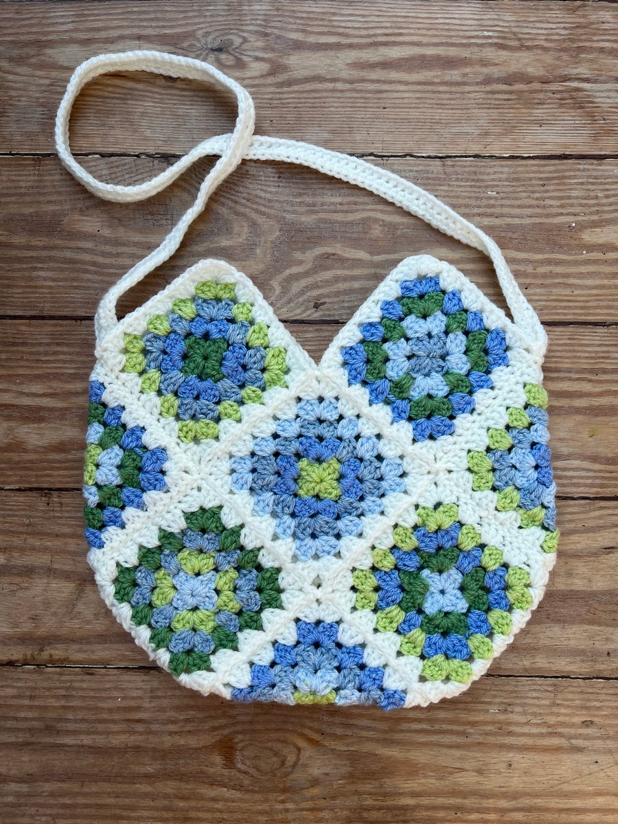 Handmade Granny Square Bag - White with Blue and Green - Small