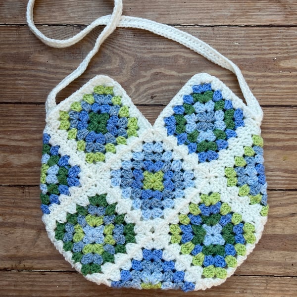 Handmade Granny Square Bag - White with Blue and Green - Small