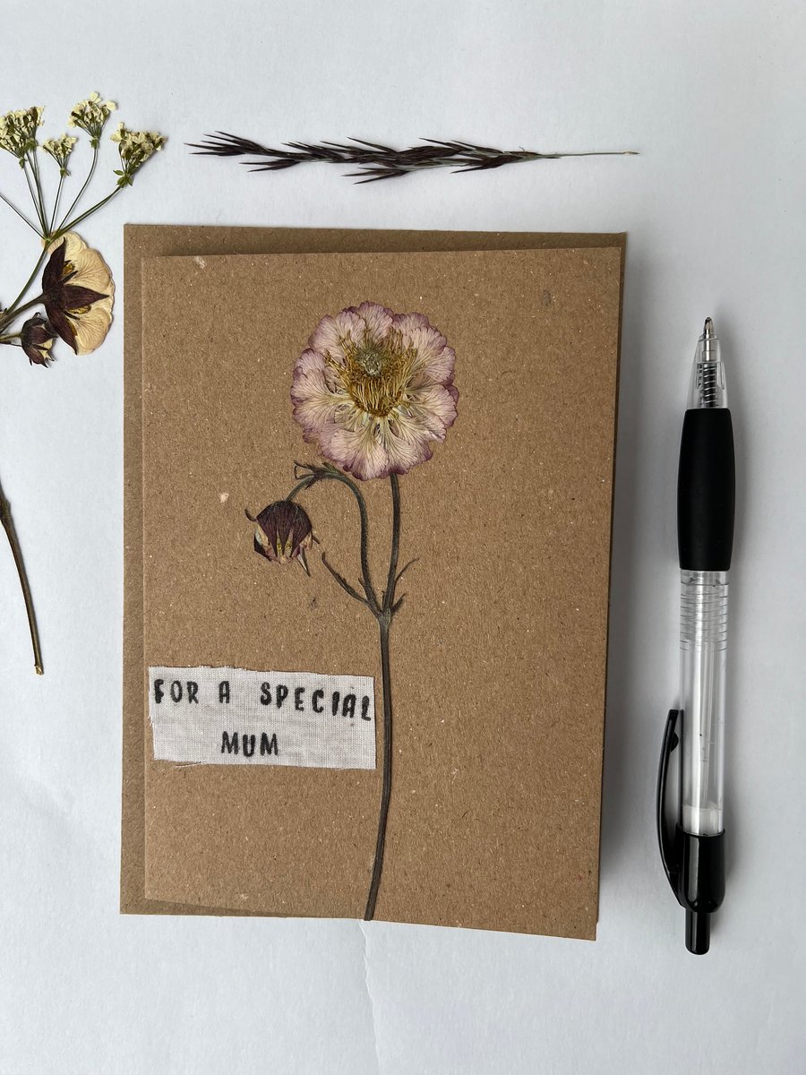 Handmade Real Pressed Flower, Geum, Mother's Day Greeting Card