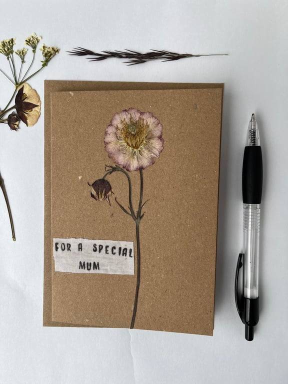 Handmade Real Pressed Flower, Geum, Mother's Day Greeting Card