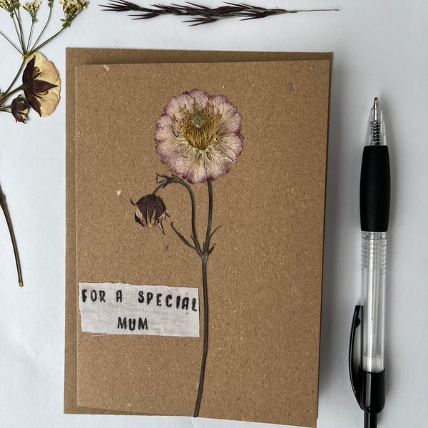 Handmade Real Pressed Flower, Geum, Mother's Day Greeting Card
