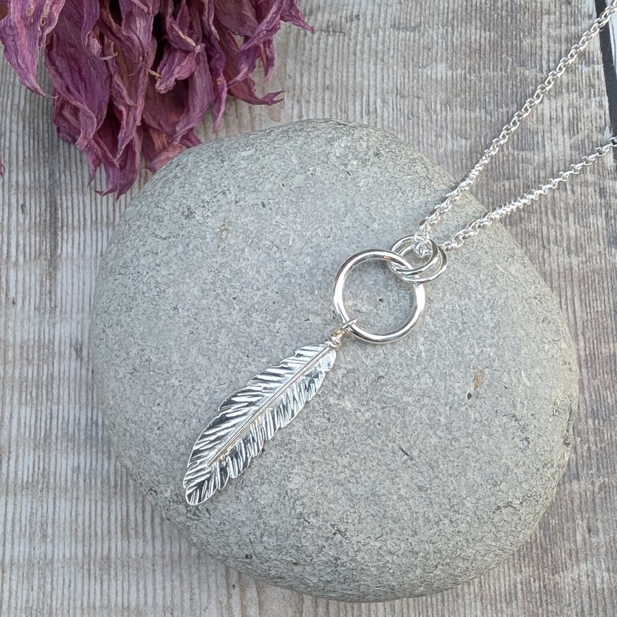 Sterling Silver Circle and Feather Long Necklace - JBJ2023