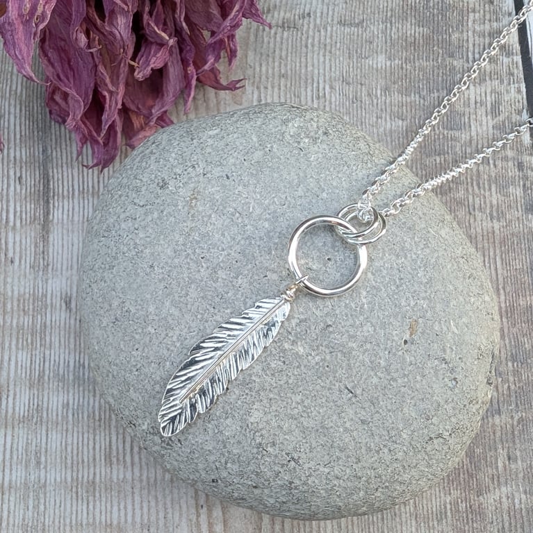 Sterling Silver Circle and Feather Long Necklace - JBJ2023
