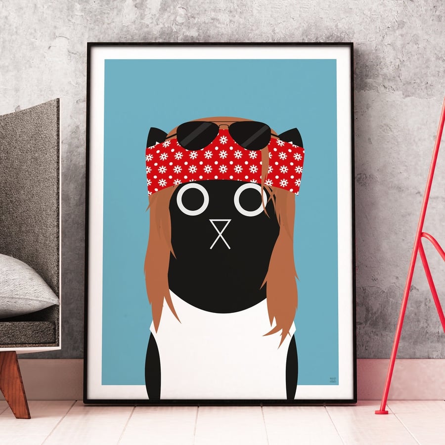 Axl Cat Wall Art Print, Music Print, Axl Rose Style, Cat Art Print, A4