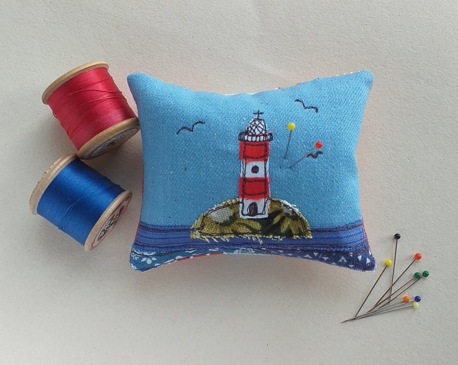 Pin Cushion with Embroidered Lighthouse