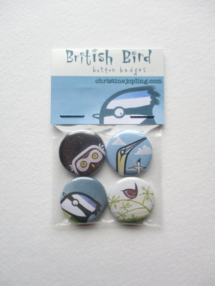 Set of 4 x 25mm metal button badges – British Birds