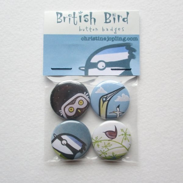 Set of 4 x 25mm metal button badges – British Birds