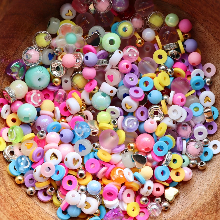 Assorted Fun Rainbow Beads with Elastic Stretchy Cord, Perfect for Bracelets