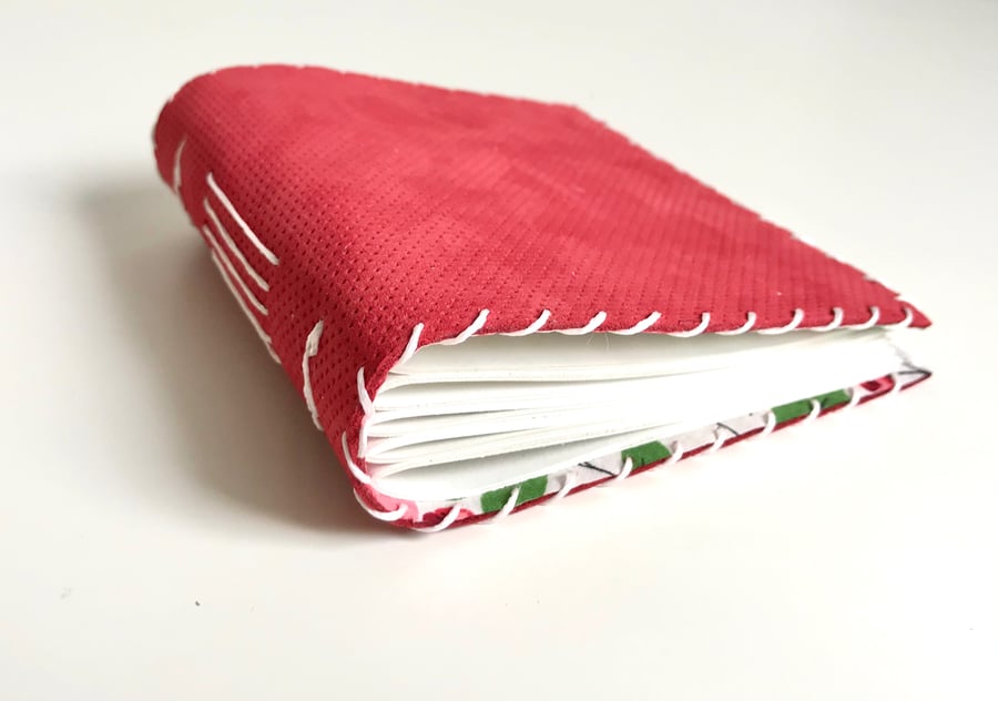 Small Red Handmade Suede notebook Floral Fabric Lining recycled Paper