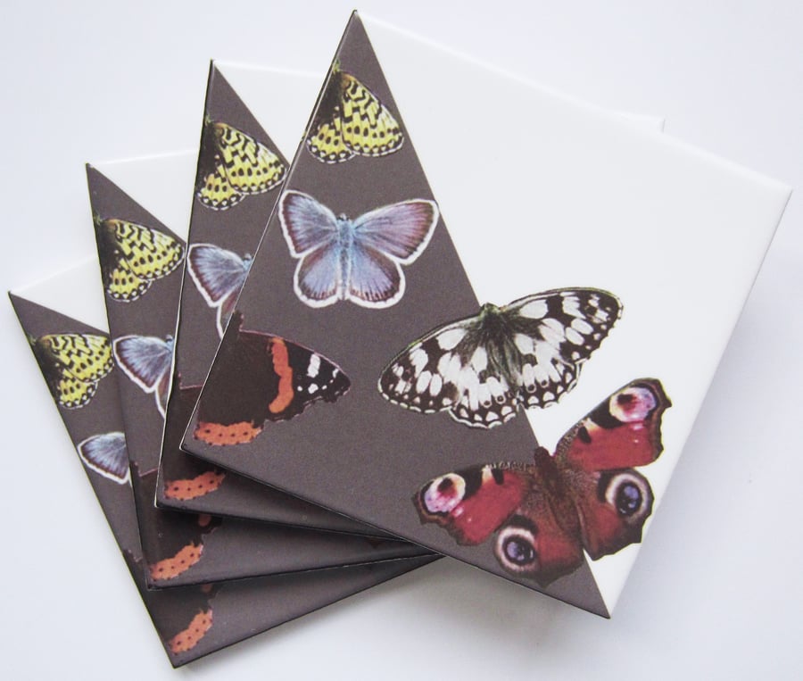 Set of 4 Grey British Butterfly Ceramic Tile Coasters with Cork Backing