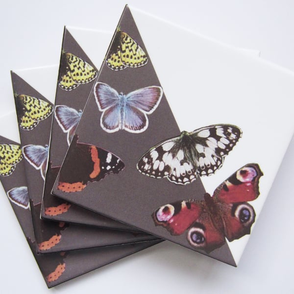 Set of 4 Grey British Butterfly Ceramic Tile Coasters with Cork Backing