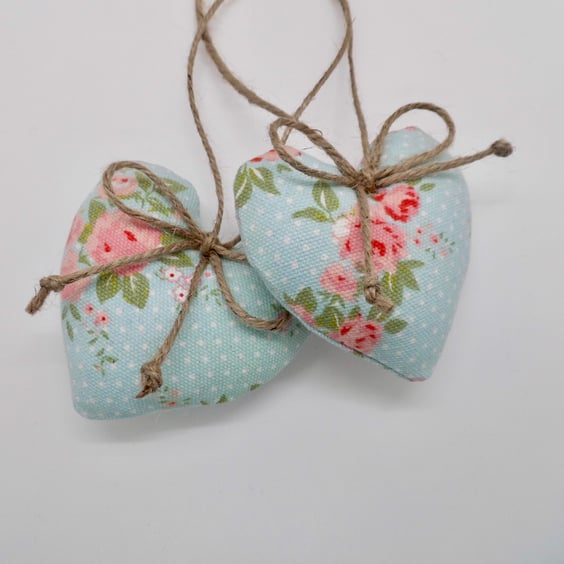 Pair heart decorations small size blue fabric pink rose print
