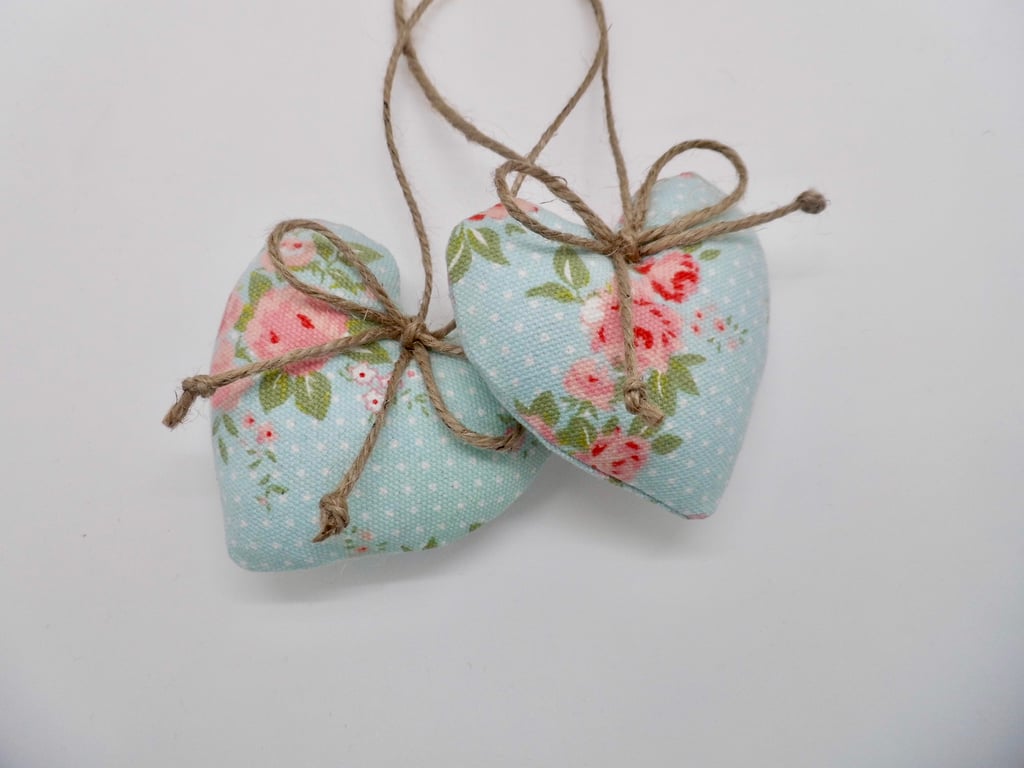 Pair heart decorations small size blue fabric pink rose print