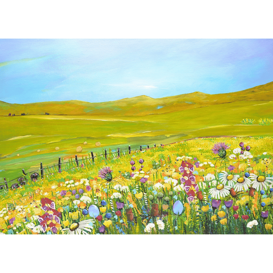 A Modern Acrylic Painting of Wildflowers in a Scottish Landscape. 18x24 inches.