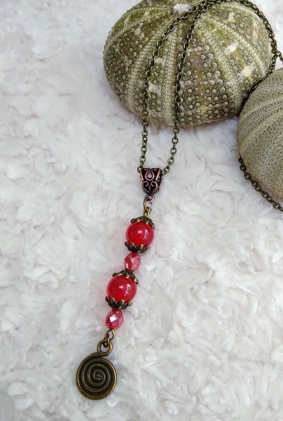 Real RUBY smooth beaded bronze PENDANT necklace
