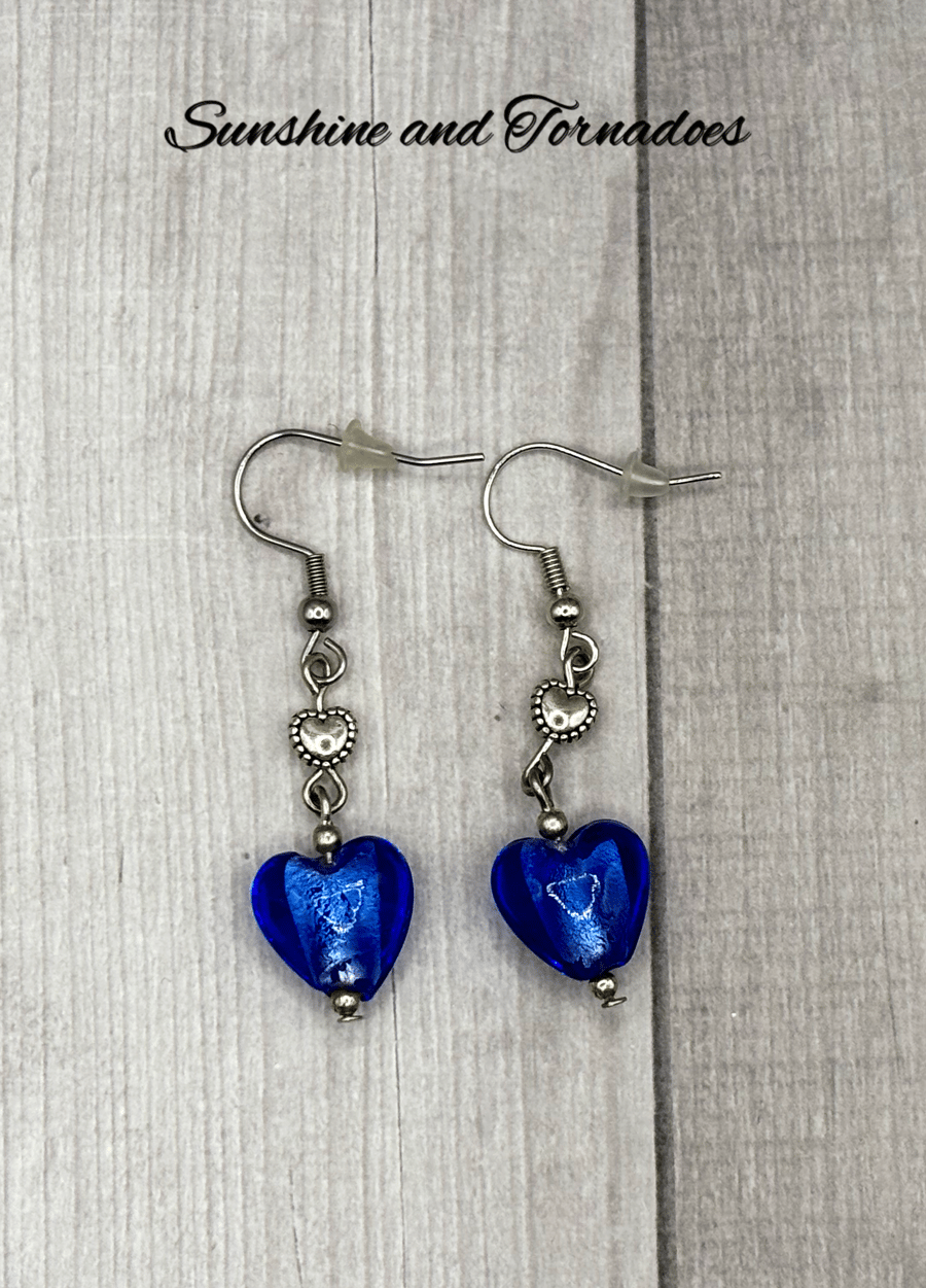 OOAK Blue Glass Heart Earrings. Hypoallergenic Earrings