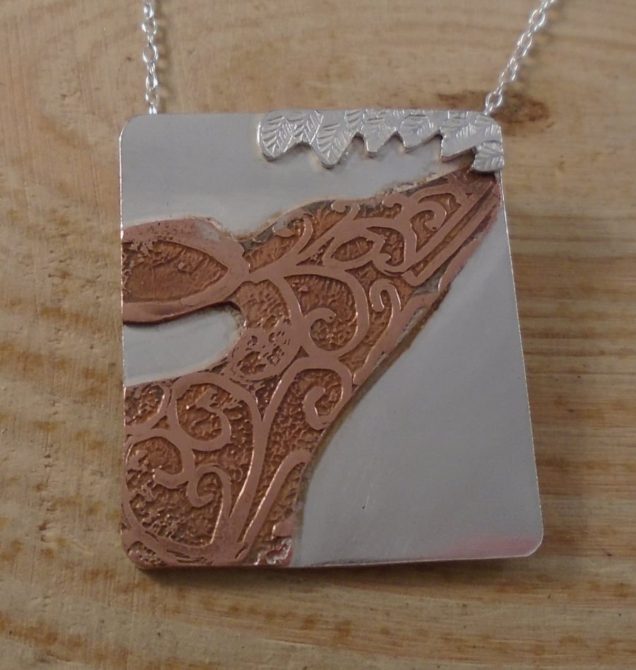 Sterling Silver and Copper Etched Mehndi Fawn Necklace
