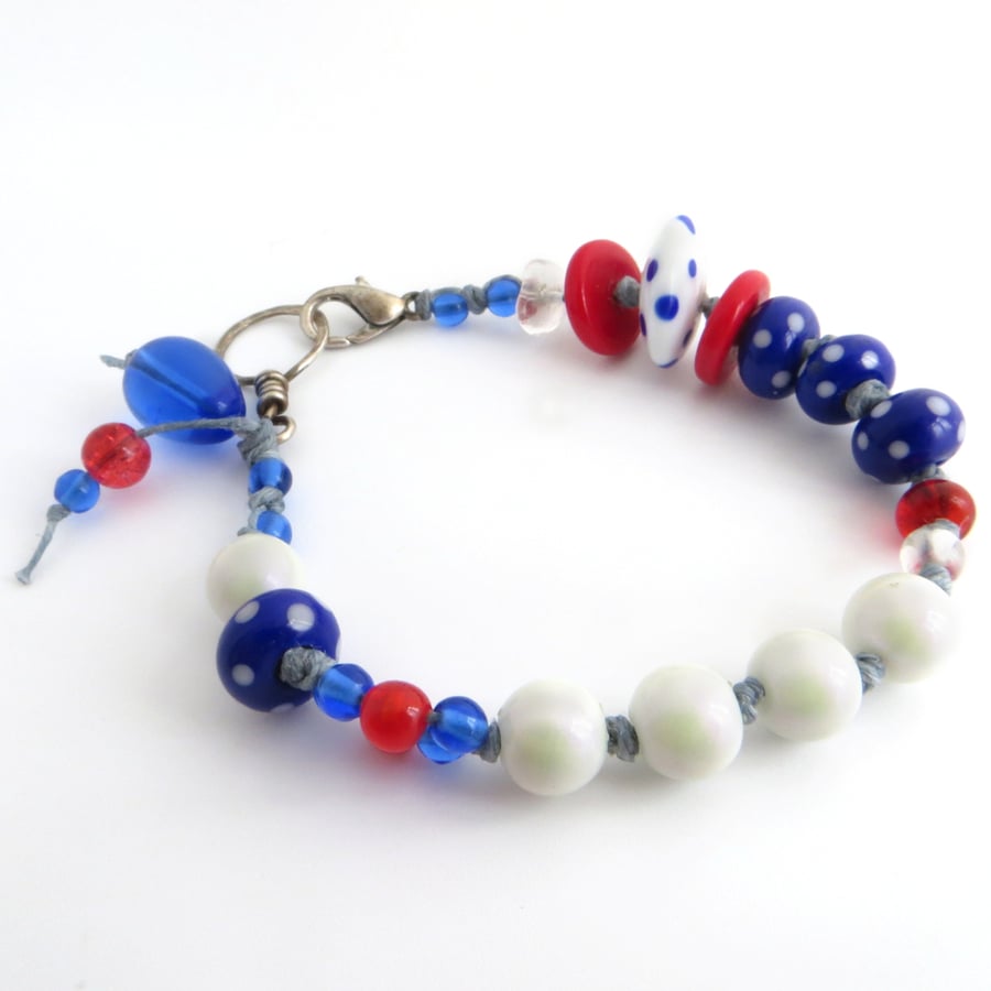 SALE - Nautical Bracelet - Red, White and Blue, Polka Dot Bracelet, Seaside