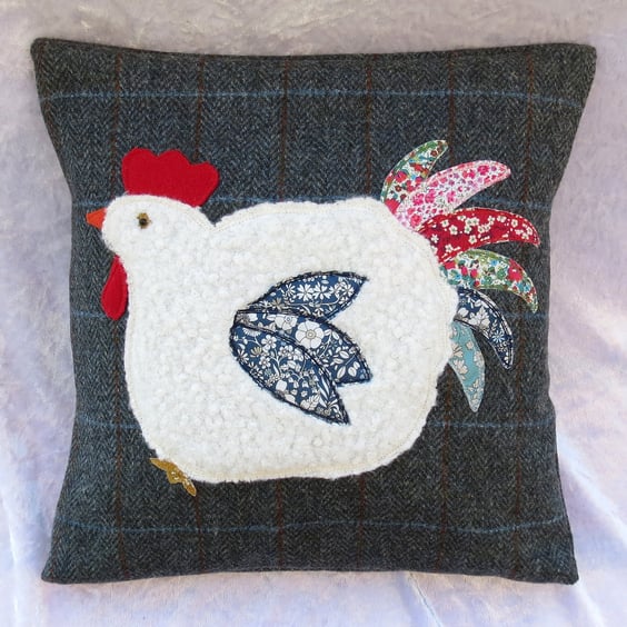 Hen Cushion, scrappy hen, wool cushion, with feather pad, 12.7 inches