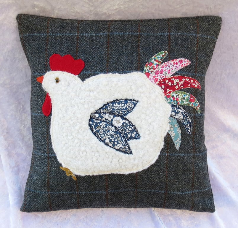 Hen Cushion, scrappy hen, wool cushion, with feather pad