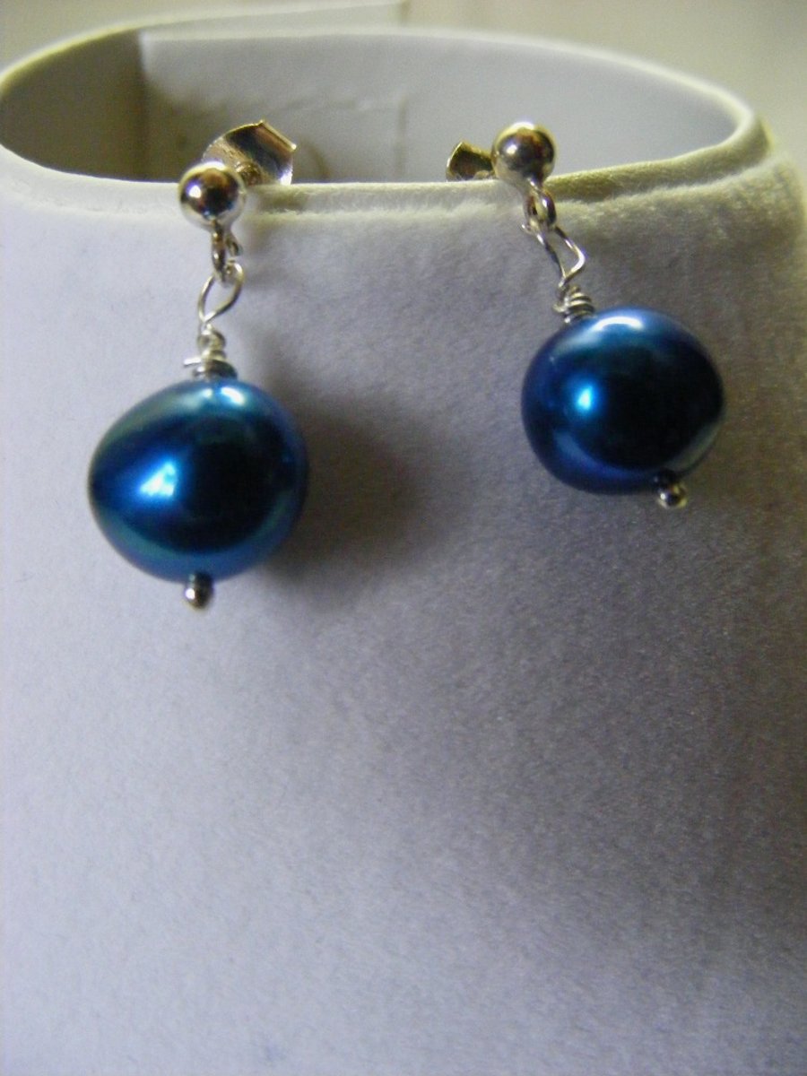 Navy Blue Freshwater Pearl Stud Earrings
