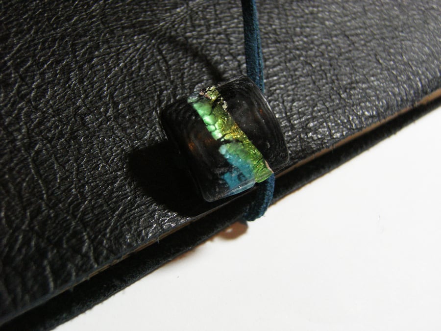  Black Leather Journal with Aqua and Green