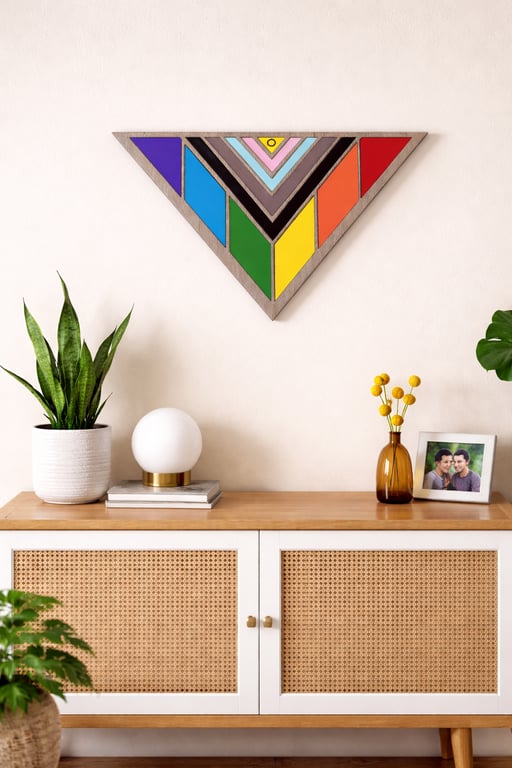Handcrafted LGBTQ Progress Pride Flag Wall Art – Geometric Wooden Rainbow Decor