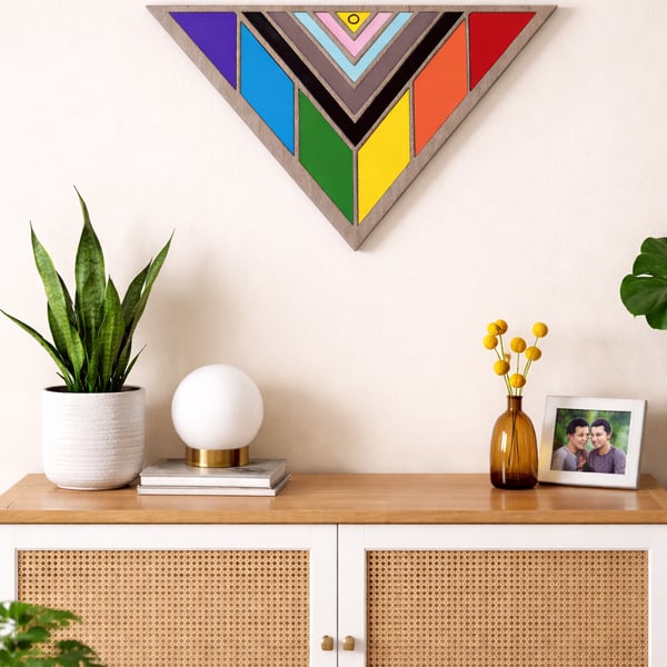 Handcrafted LGBTQ Progress Pride Flag Wall Art – Geometric Wooden Rainbow Decor