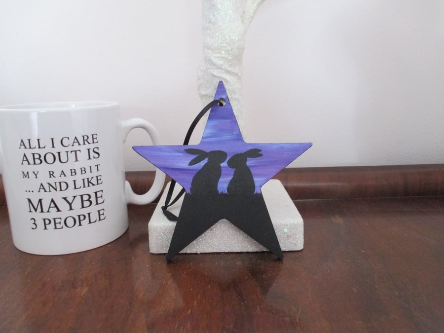Bunny Rabbit Silhouette Star Wooden Hanging Decoration