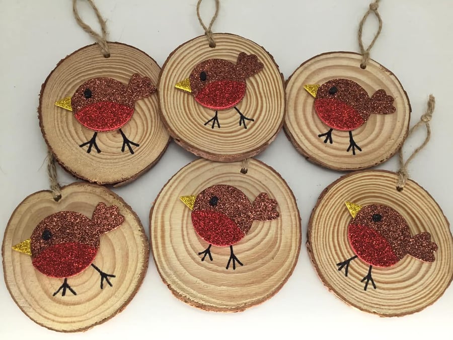 Glitter Robin wood slice hanging decorations