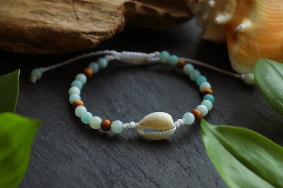 Amazonite , sandal wood and  shell bracelet
