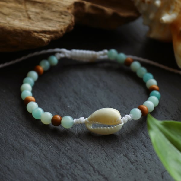 Amazonite , sandal wood and  shell bracelet
