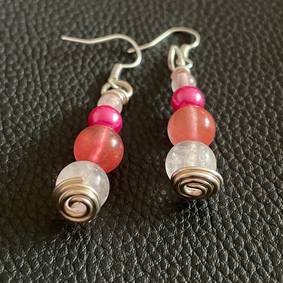 Pink Drop Earrings - Rose and Cherry Quartz.