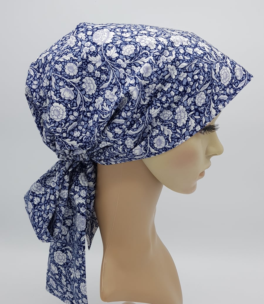 Cotton head wear for women, lined and elasticated bonnet with ties, nurse hat
