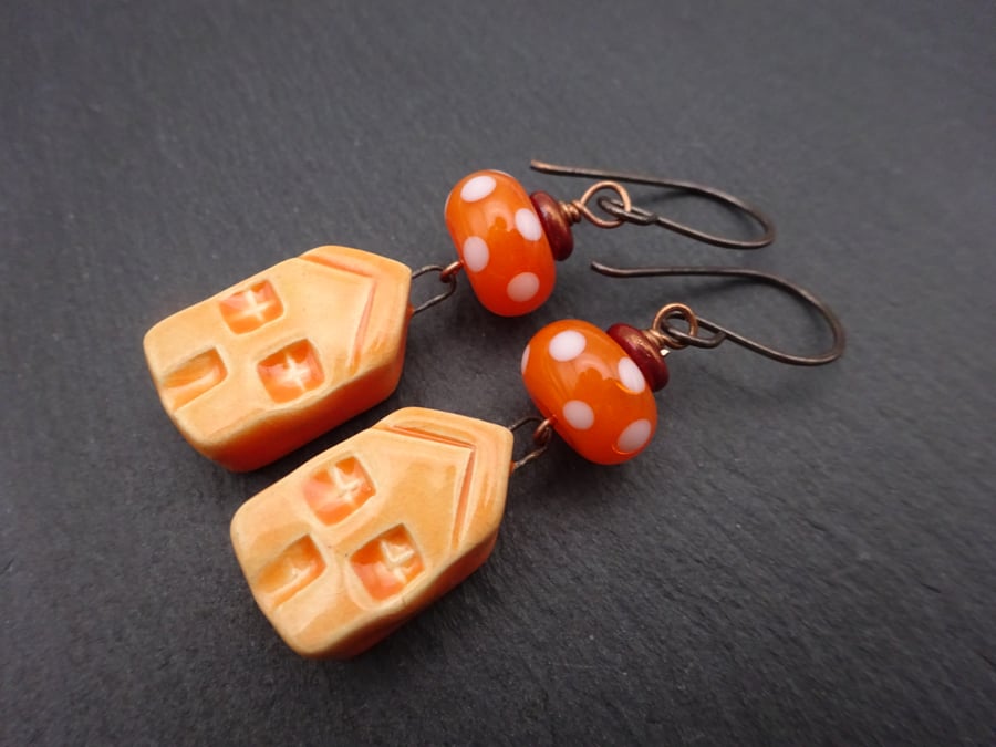 orange lampwork glass earrings, ceramic house and copper