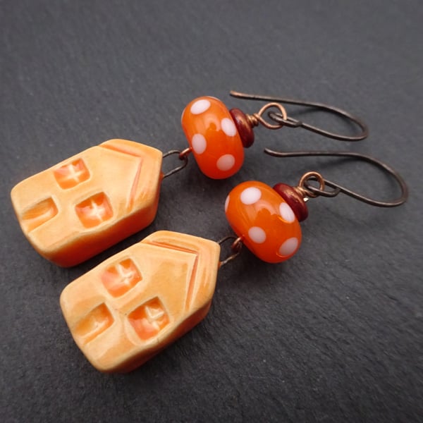 orange lampwork glass earrings, ceramic house and copper
