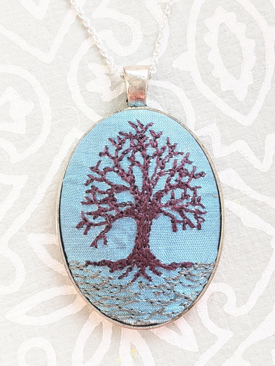 Winter Tree embroidered necklace pendant