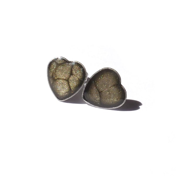 Dainty onyx grey Heart Studs, enamel and steel heart-shaped stud earrings