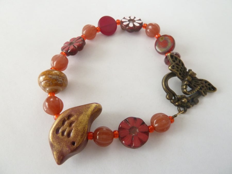 SALE red and gold bird bracelet