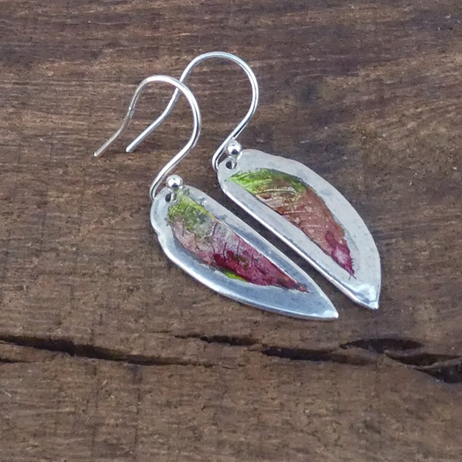 Silver earrings with rose leaf decoration