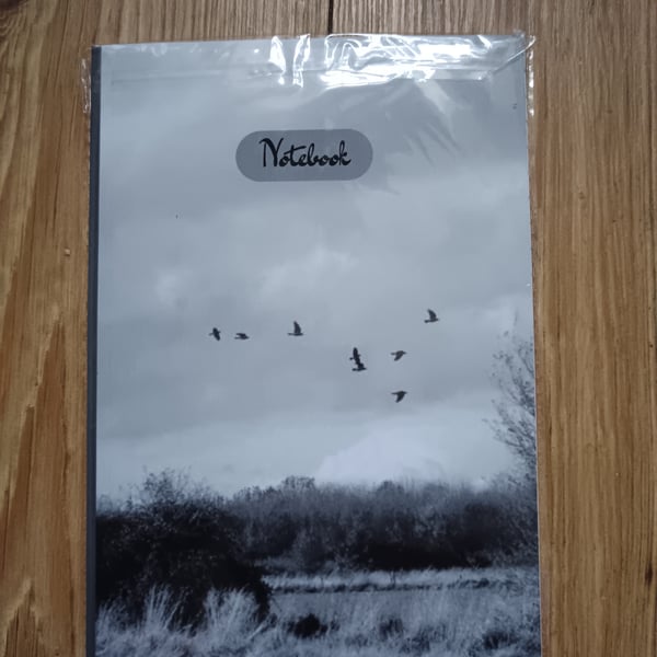 Monochrome birds in flight themed 120 lined pages notebook 