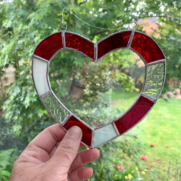 Stained Glass Open Heart Suncatcher - Handmade Hanging Decoration - Red White