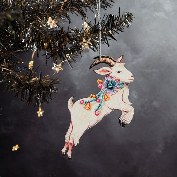Leaping white Yule goat Christmas decoration, made from laser cut wood