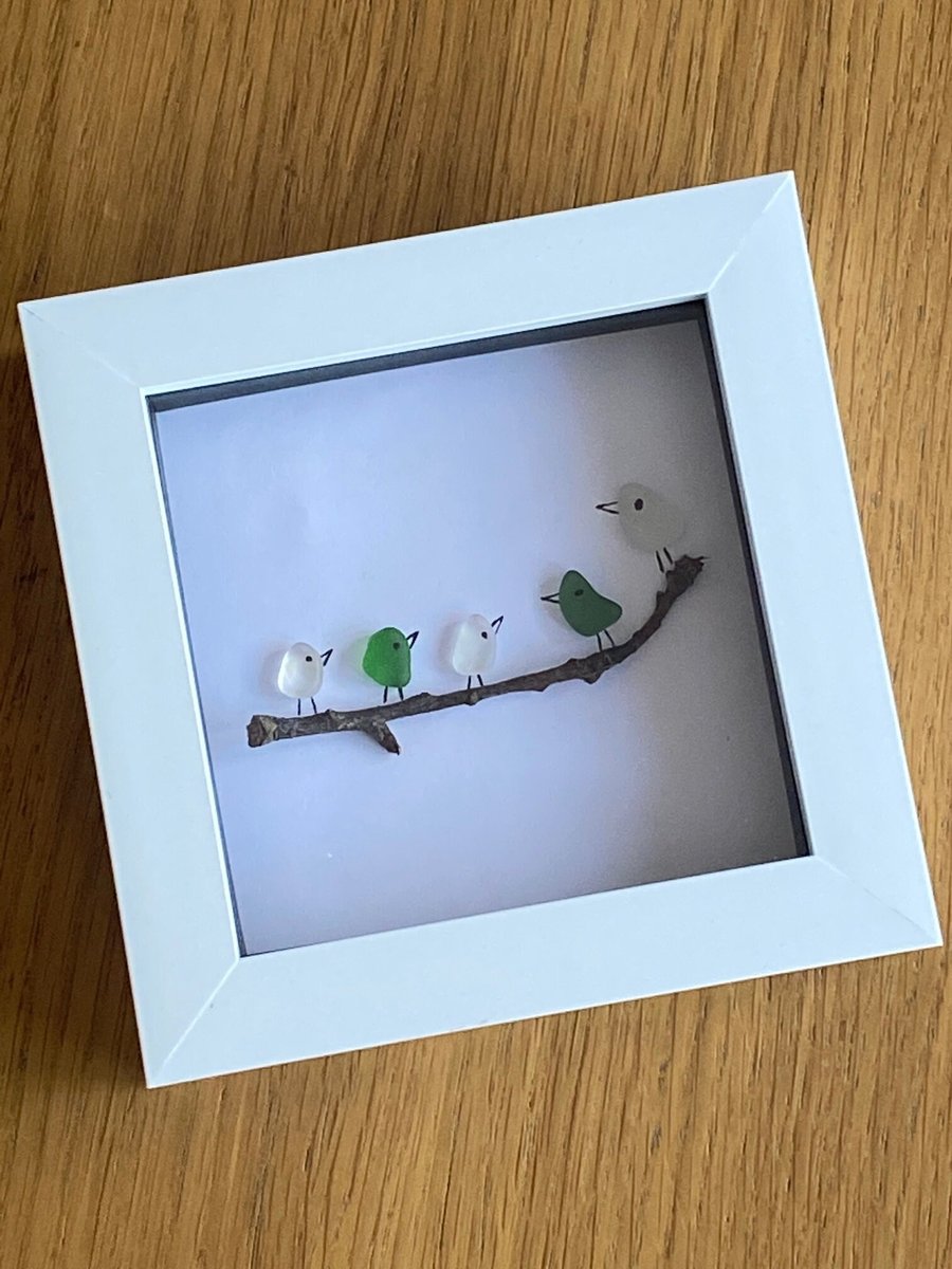 Birds Sea Glass Frame, Sea Glass Frame with Birds, Sea Glass Gift,
